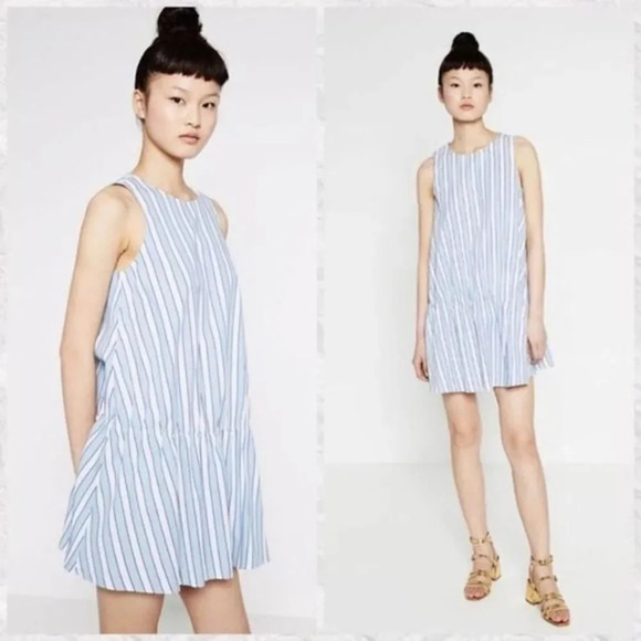 ZARA Poplin Tunic Dress Blue & White Vertical Stripe XS - Picture 1 of 6